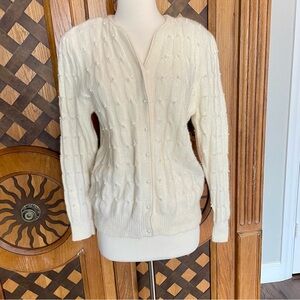 Vintage Yarnworks Creamy Ivory Lambswool Beaded Cardigan Medium